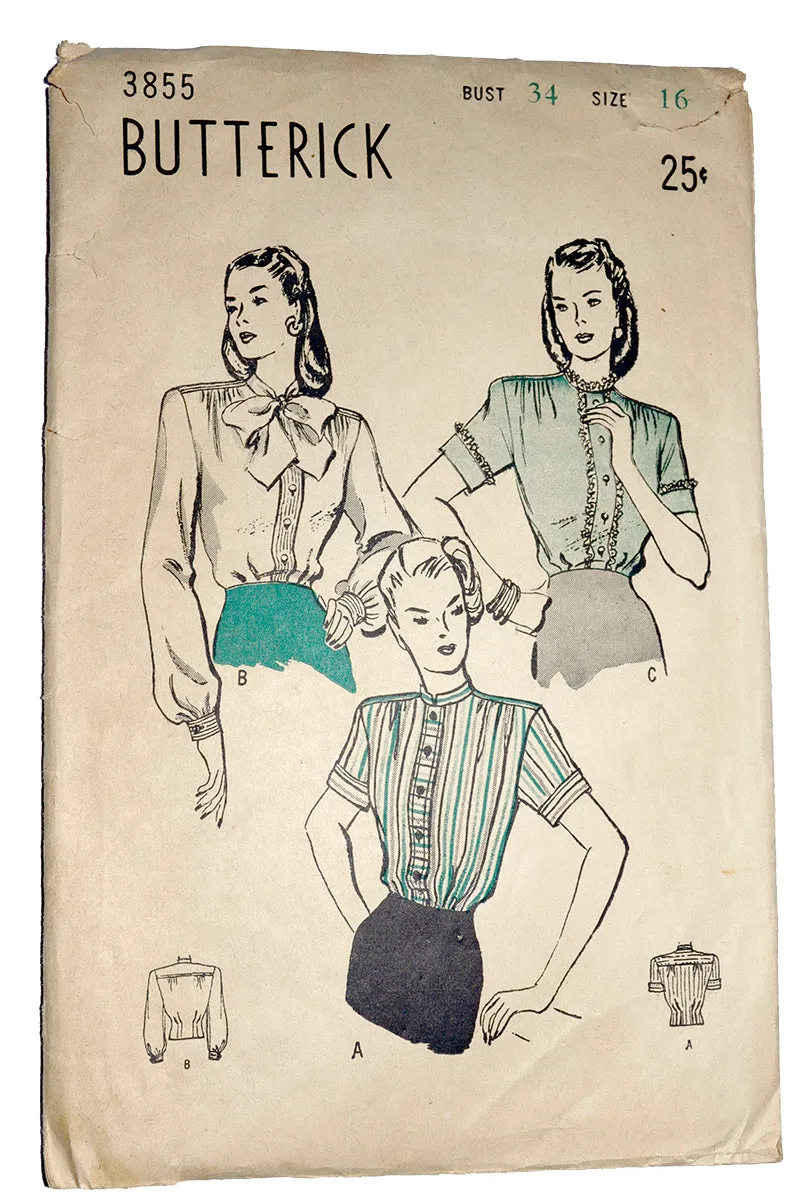 1940s Butterick 3855 Vintage Blouse Pattern Short & Long Sleeve