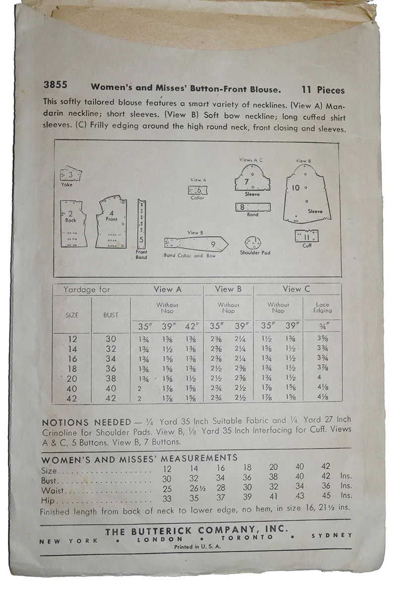 1940s Butterick 3855 Vintage Blouse Pattern Short & Long Sleeve