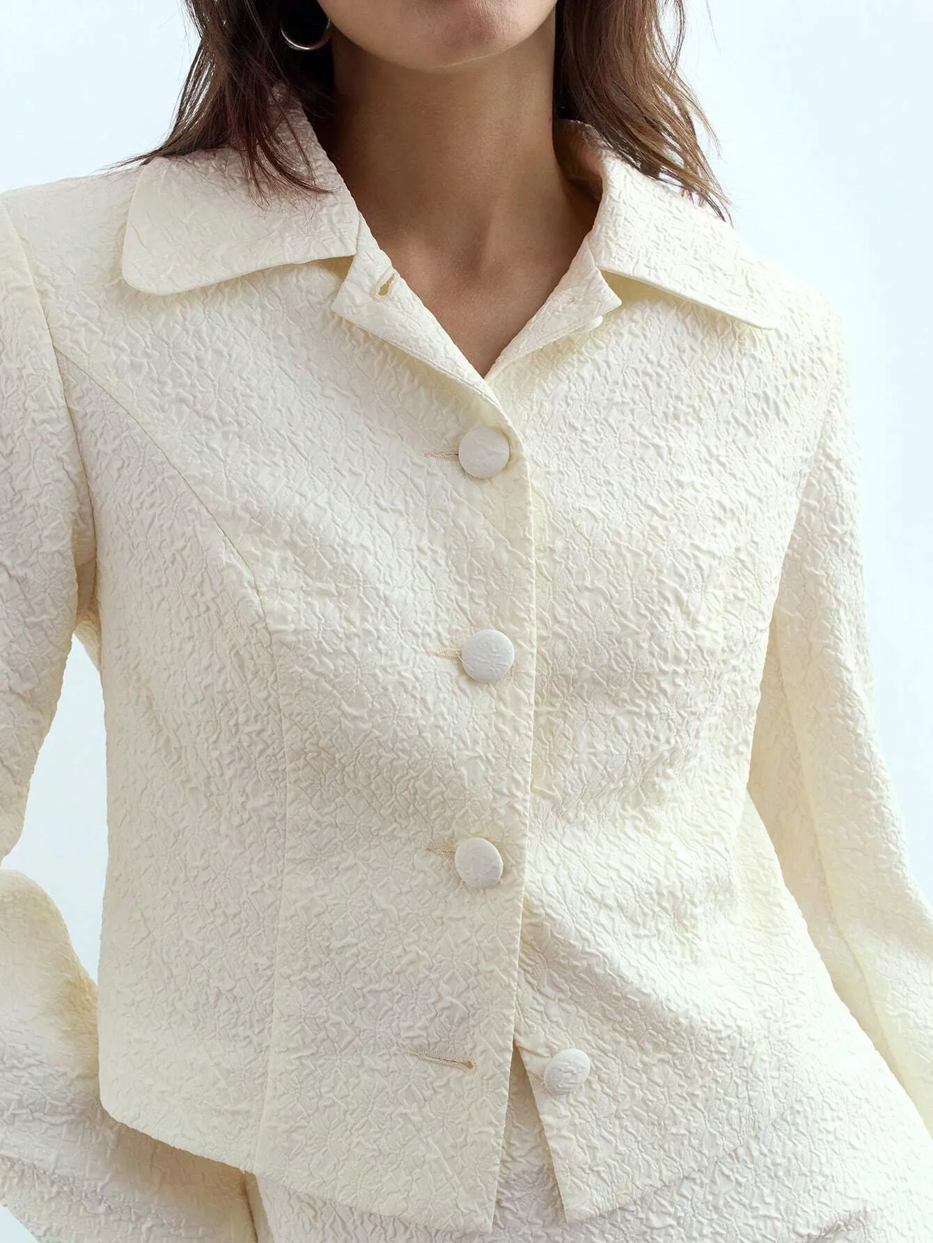 2pcs Women's Elegant White Solid Color Button Placket Long Sleeve Top And Skirt Set, Autumn