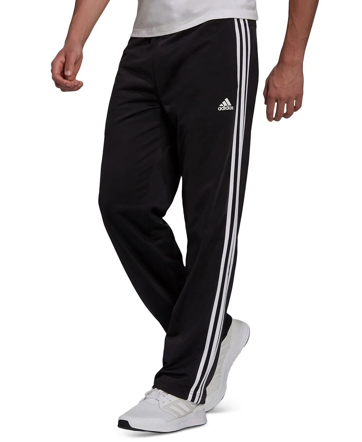 adidas men's primegreen essentials warm-up open hem 3 stripes sweatpants black and white