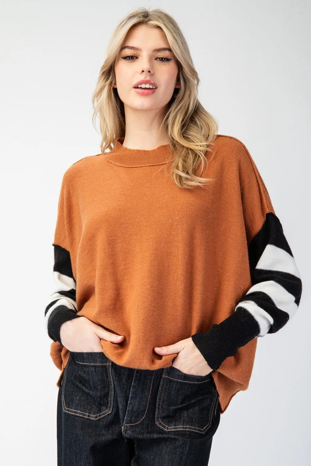 August Mornings Stripe Sleeve Mock Neck Sweater Top