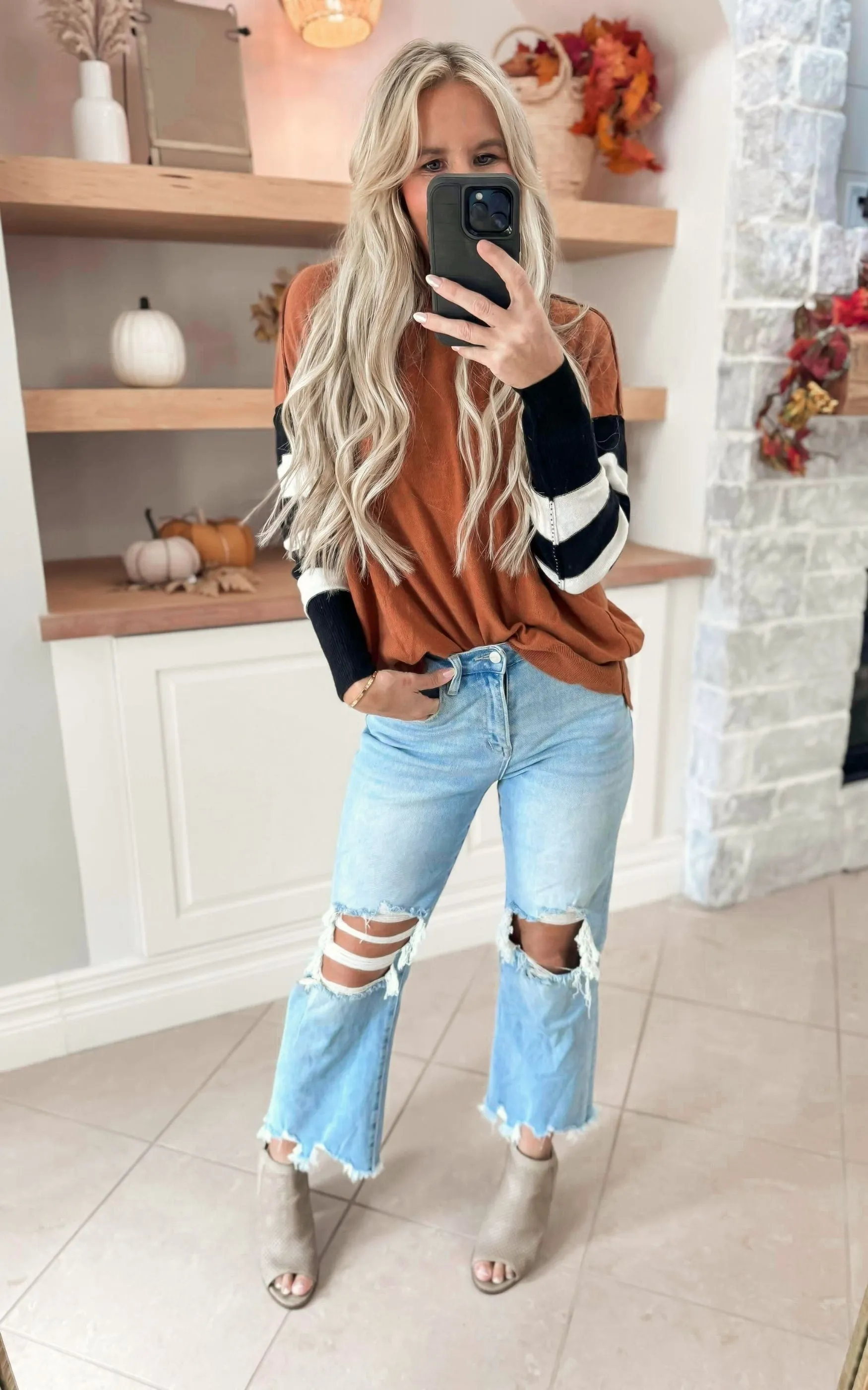 August Mornings Stripe Sleeve Mock Neck Sweater Top