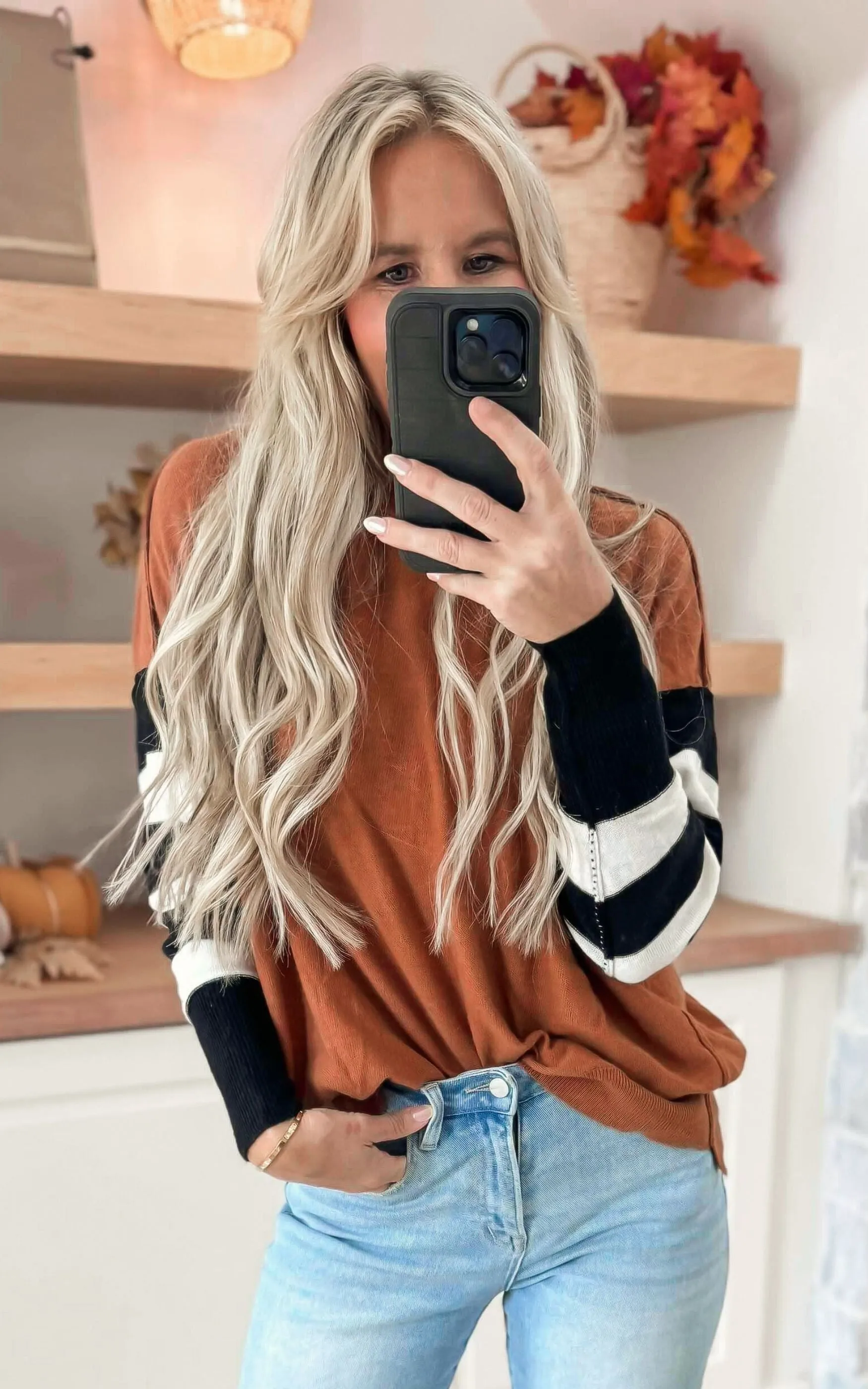 August Mornings Stripe Sleeve Mock Neck Sweater Top