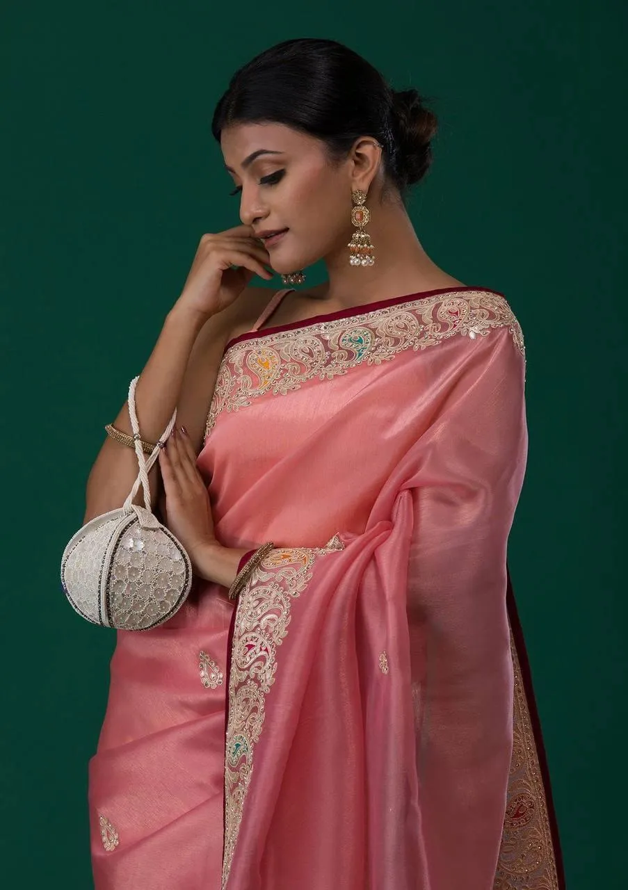 Baby Pink Organza Silk  Saree