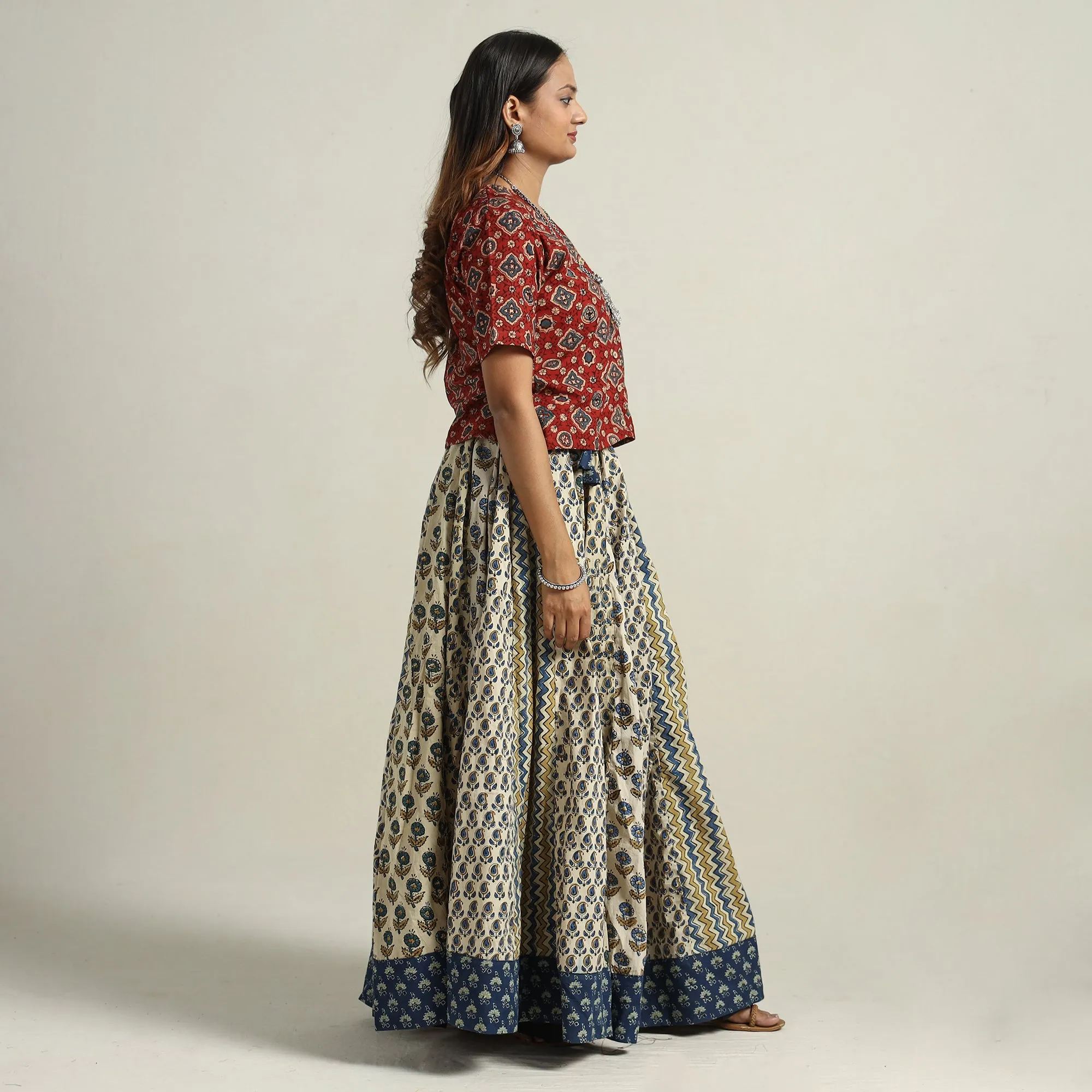 Beige - Ajrakh Block Printed 24 Kali Patchwork Cotton Long Skirt 47