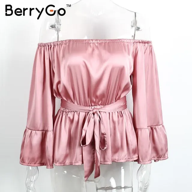 BerryGo Sexy off shoulder ruffle satin blouse shirt Soft flare sleeve bow summer tops Elegant glossy pink women blouses blusas