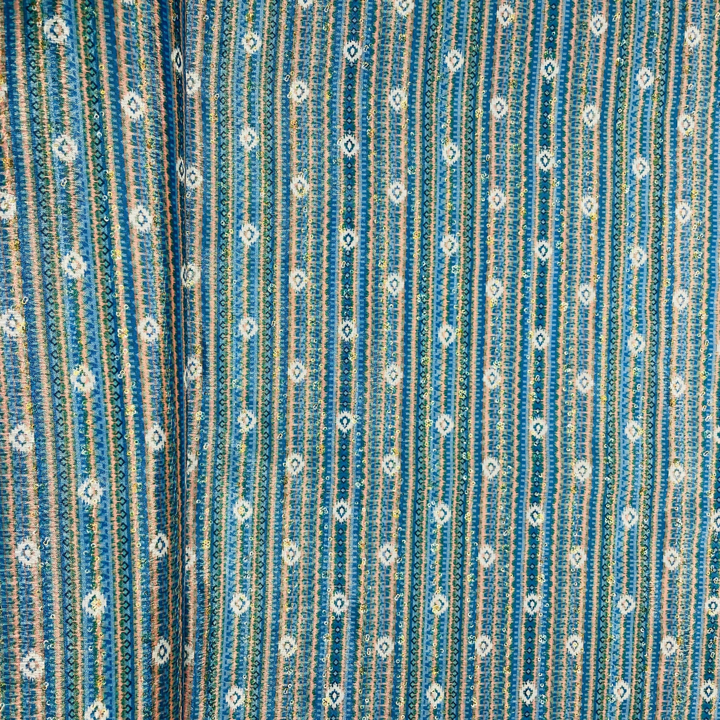 Blue & Green Stripe Print Chinon Fabric