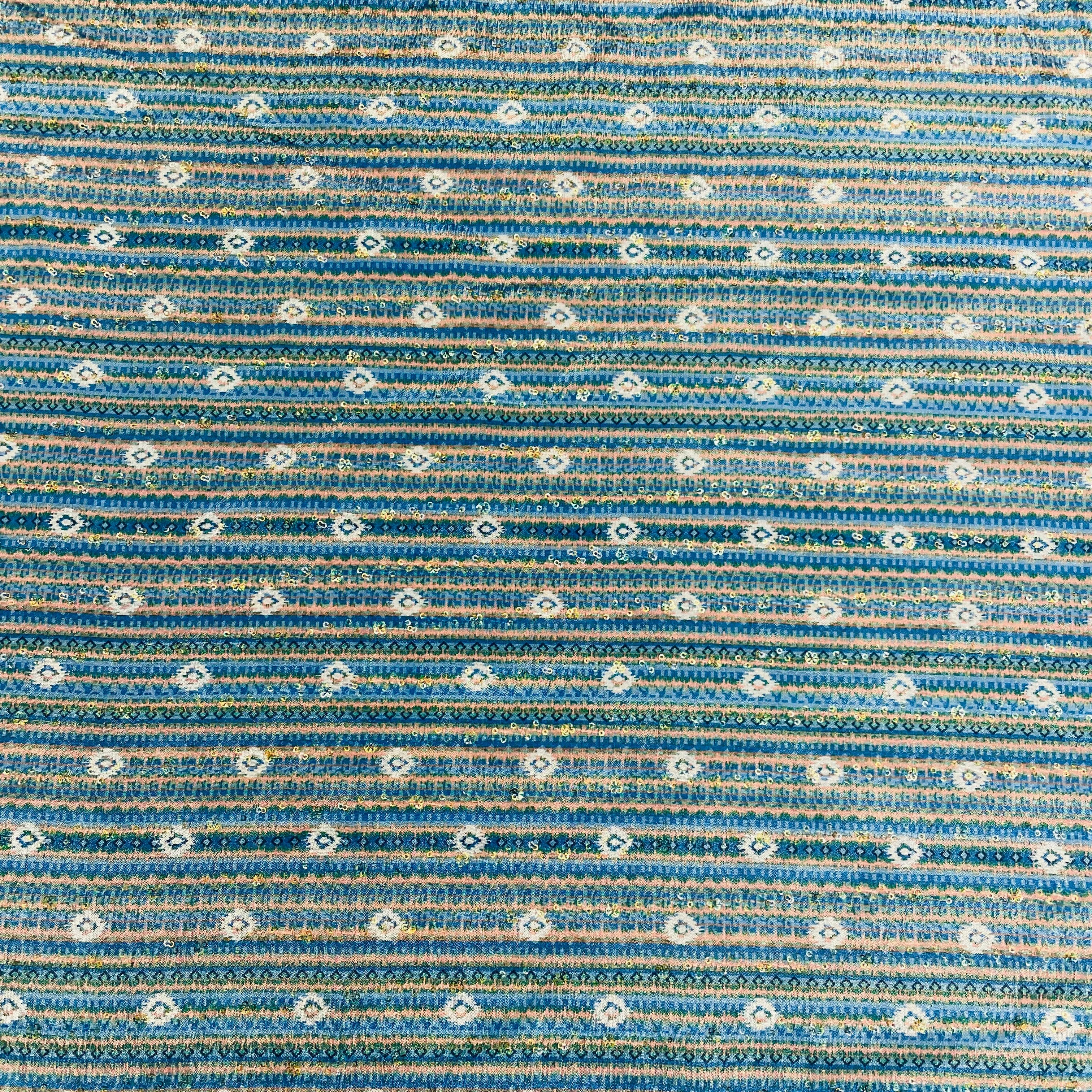 Blue & Green Stripe Print Chinon Fabric