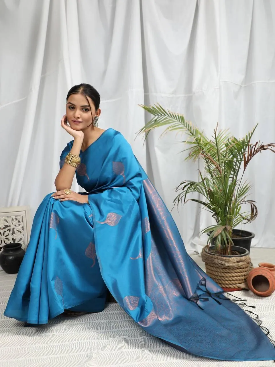 Blue Leaf  Soft Silk  Saree