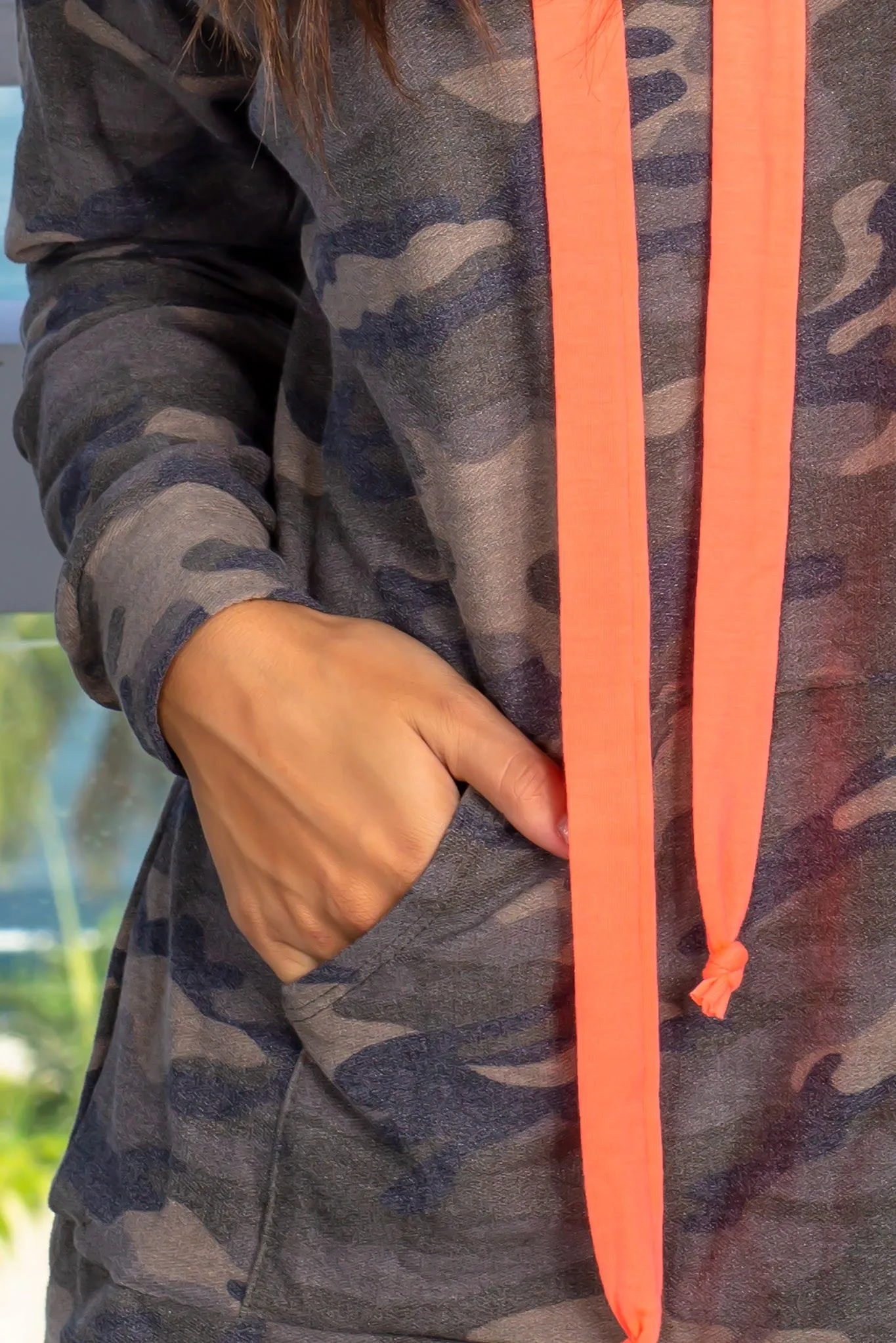 Camo Hoodie with Neon Coral Pullstrings