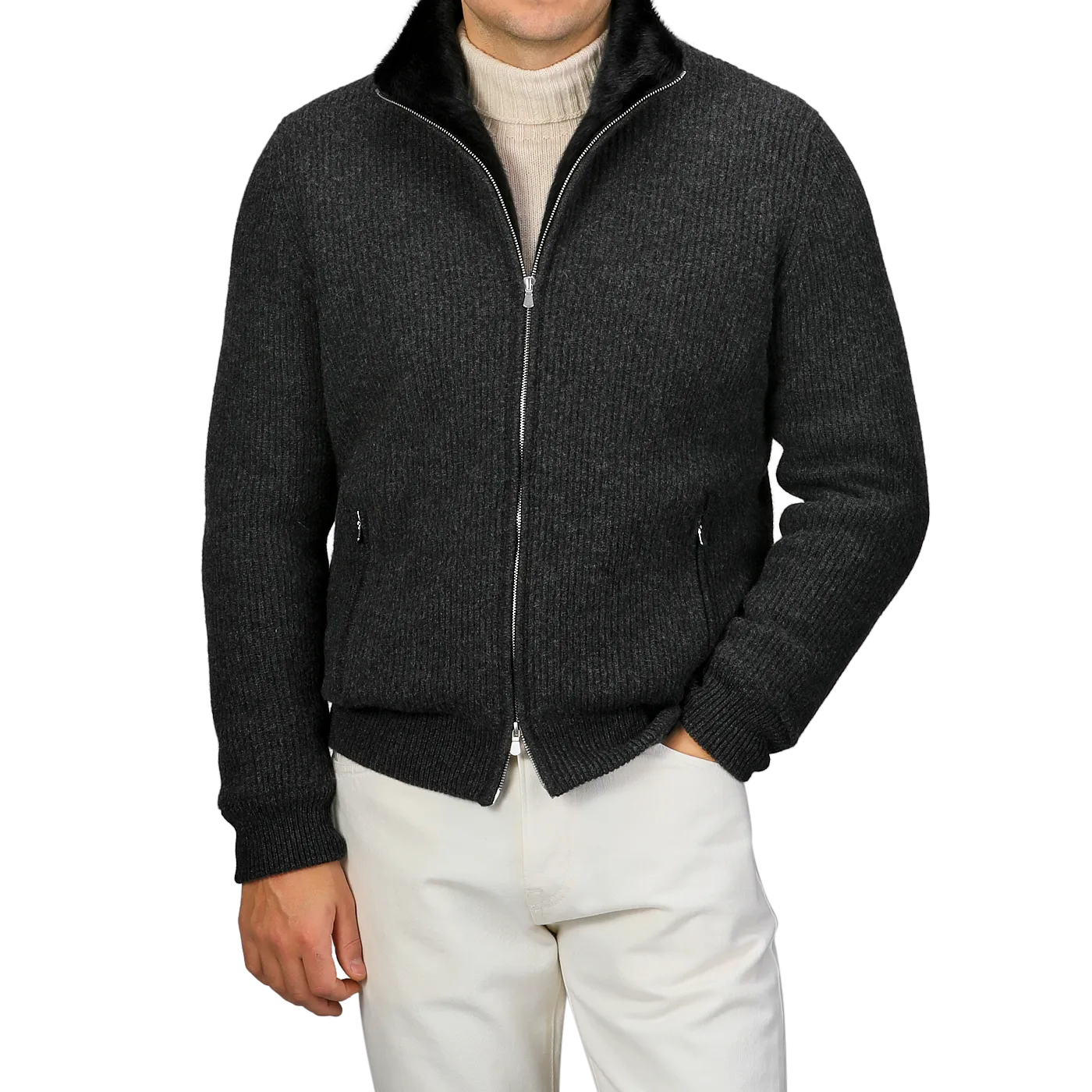 Charcoal Faux Fur Lined Cashmere Blouson