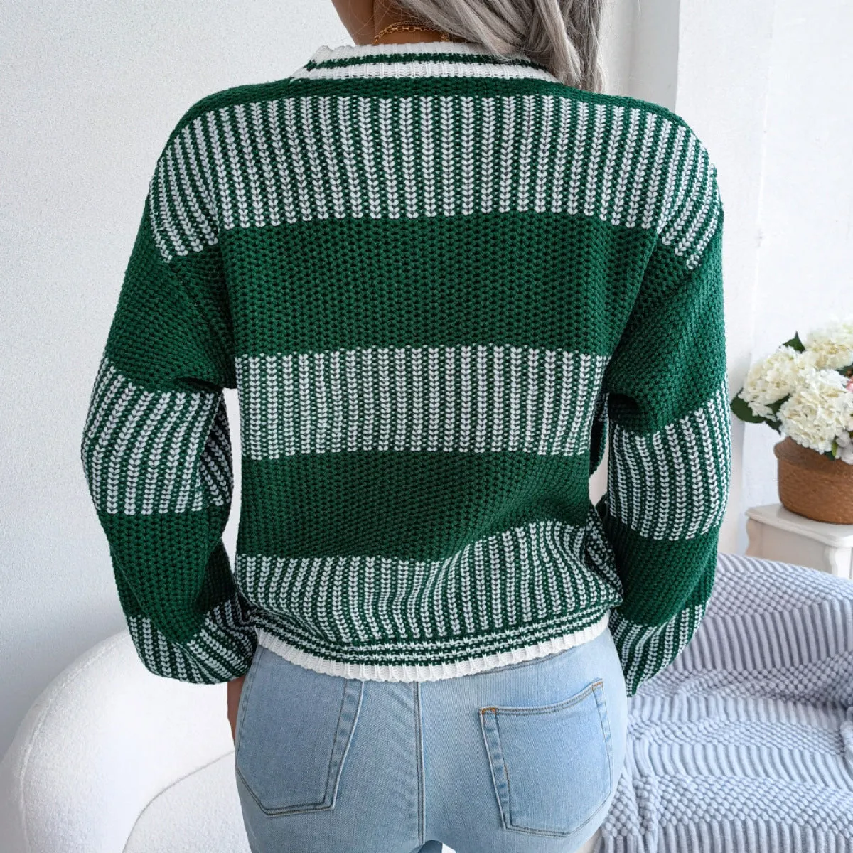 Colorblock Striped Long Sleeve Knit Sweater