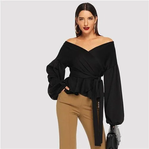 Elegant Office Lantern Sleeve Surplice Peplum Off the Shoulder Solid Blouse