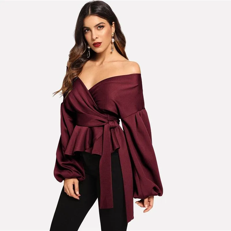 Elegant Office Lantern Sleeve Surplice Peplum Off the Shoulder Solid Blouse