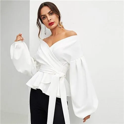 Elegant Office Lantern Sleeve Surplice Peplum Off the Shoulder Solid Blouse