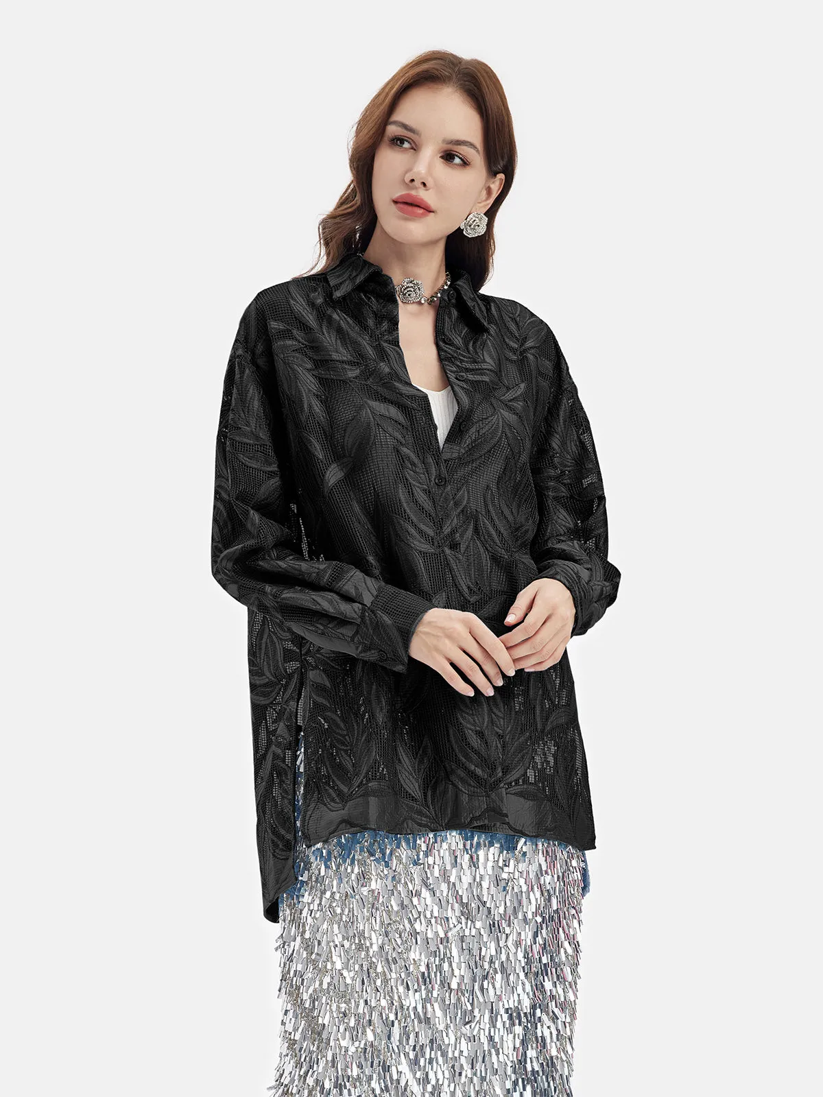 Embroidered Sheer Leaf Shirt