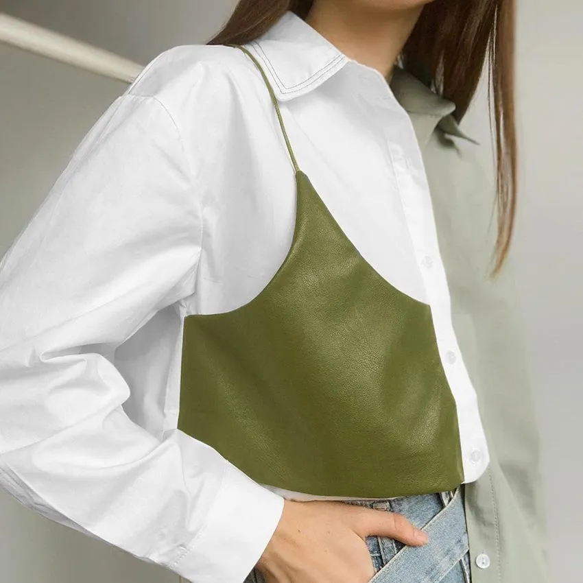 Fashion contrast color commuter shirt women's stitching PU leather fake two long-sleeved loose shirts