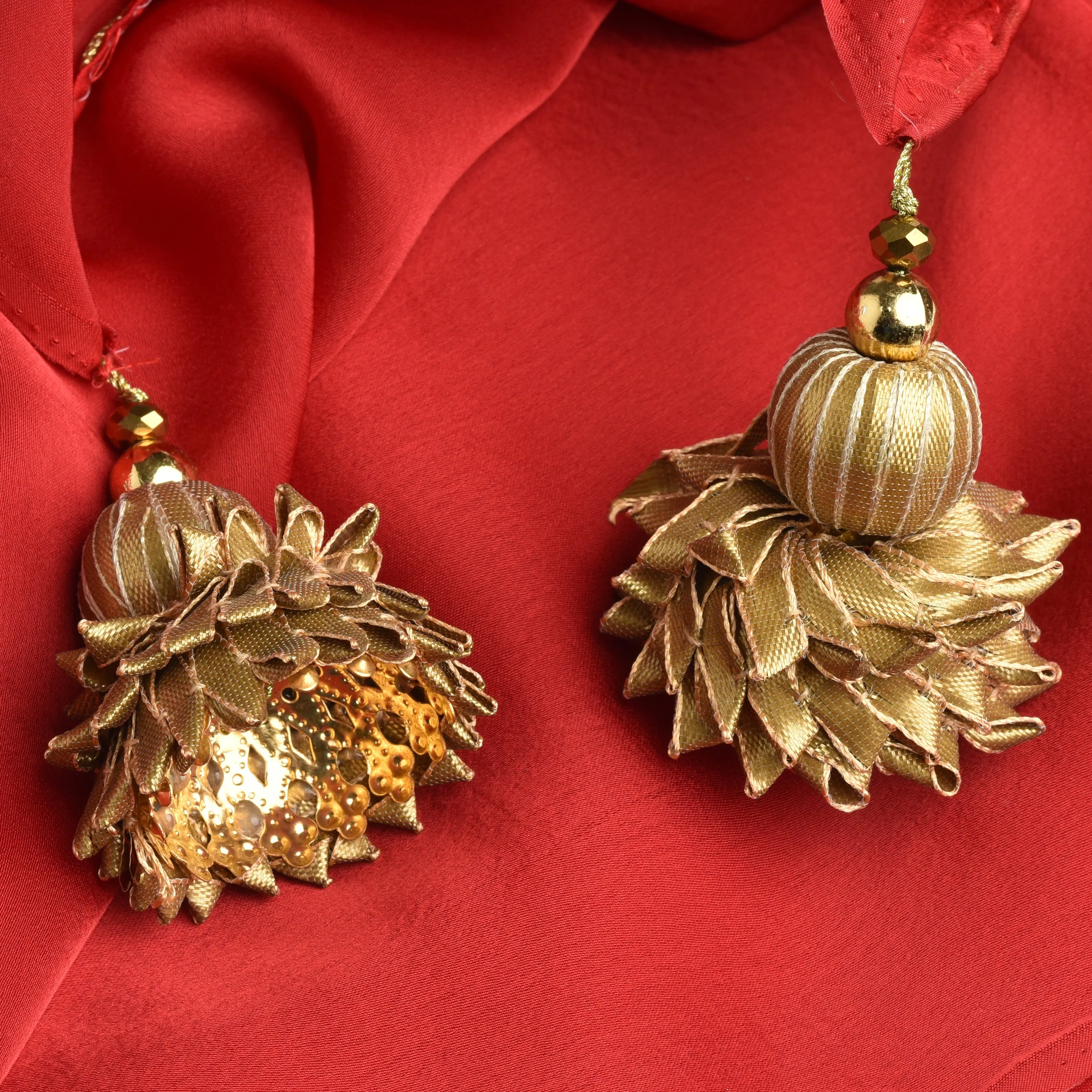 Fiery Red Satin Saree with Gold Pendants