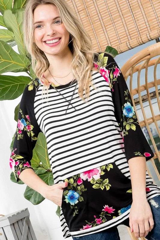 Floral Stripe Kangaroo Pocket Tunic Top