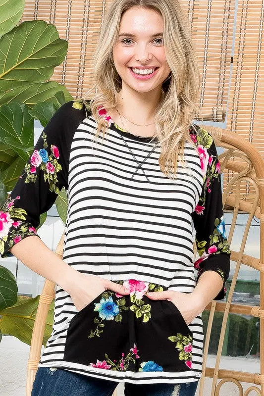 Floral Stripe Kangaroo Pocket Tunic Top