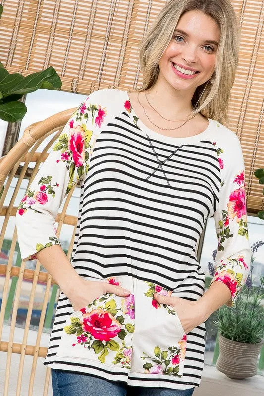 Floral Stripe Kangaroo Pocket Tunic Top