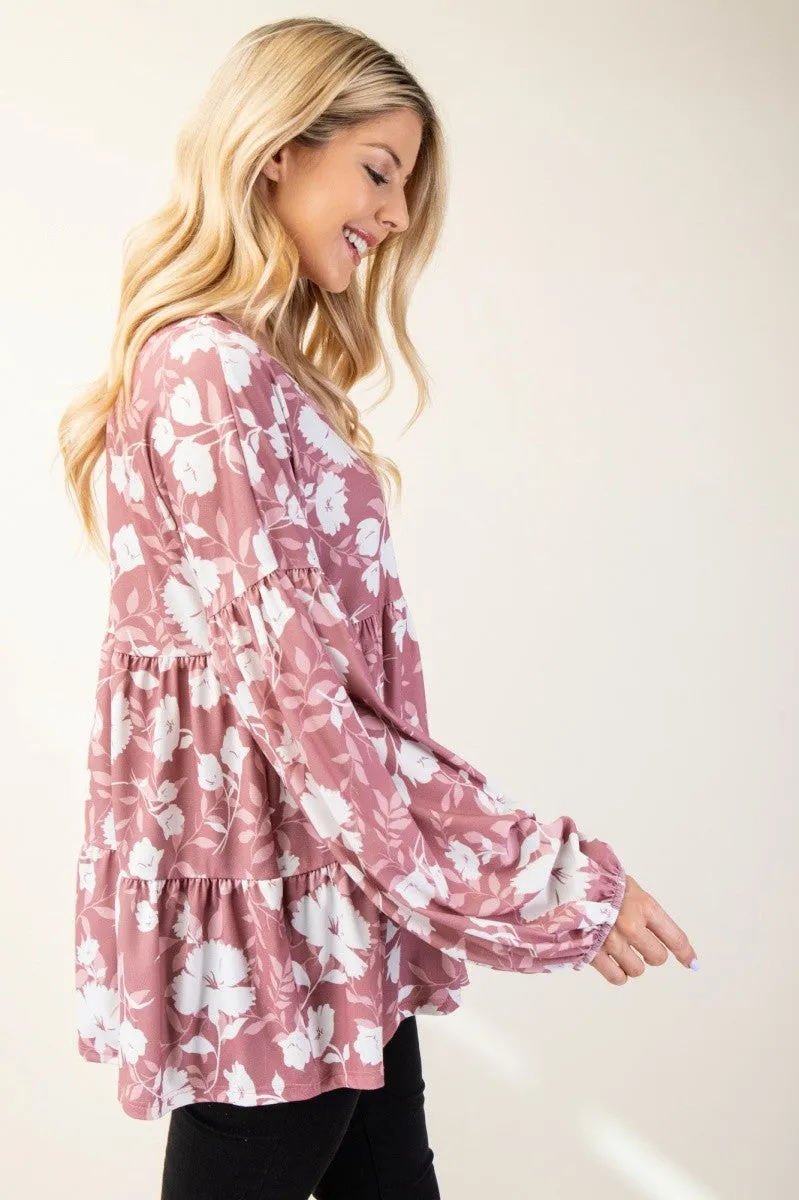 Full Size Tiered Floral V-Neck Long Sleeve Blouse