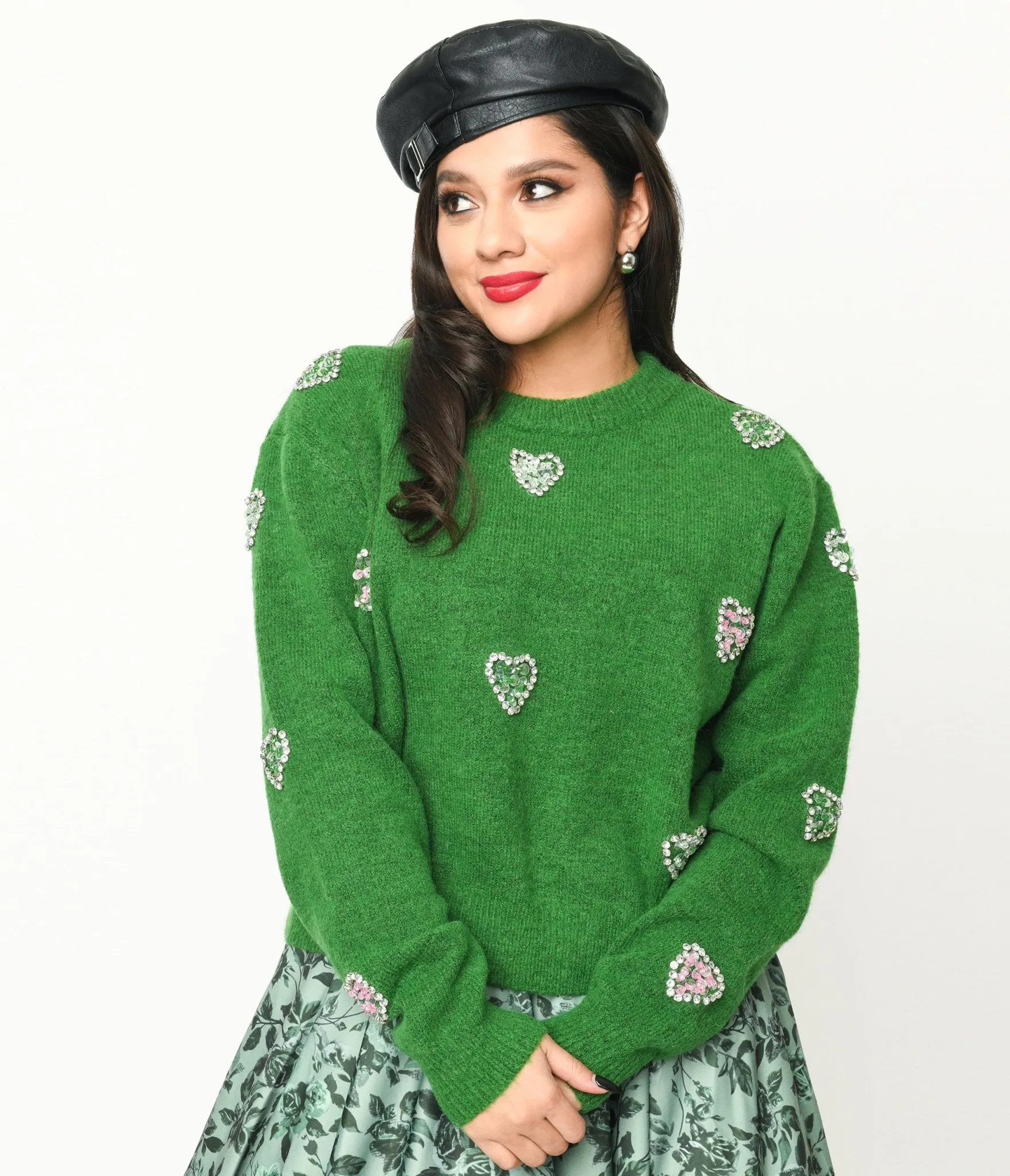 Green Rhinestone Hearts Embellished Pullover Sweater