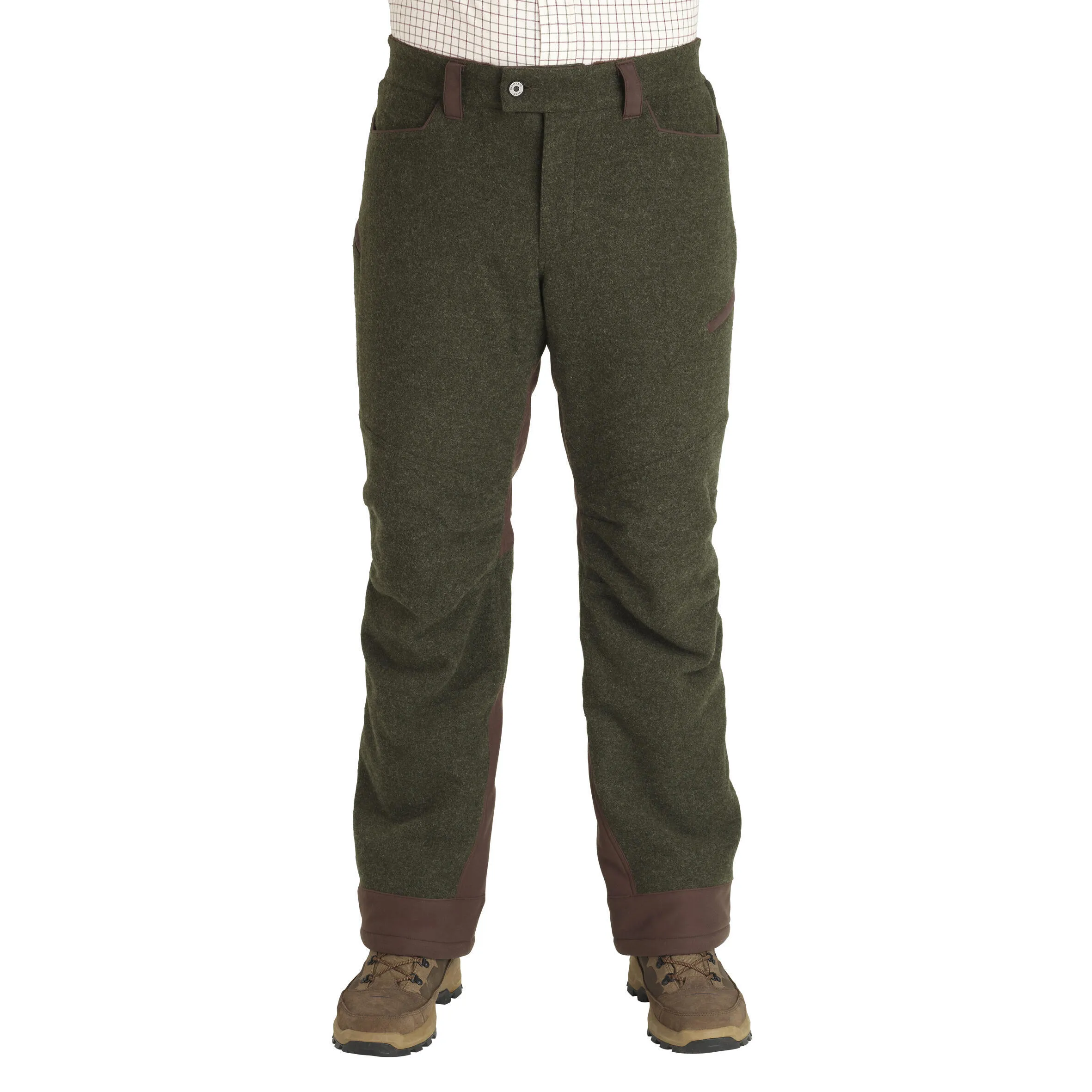 Hunting pants 900 warm wool low noise green SOLOGNAC dark green/coffee brown