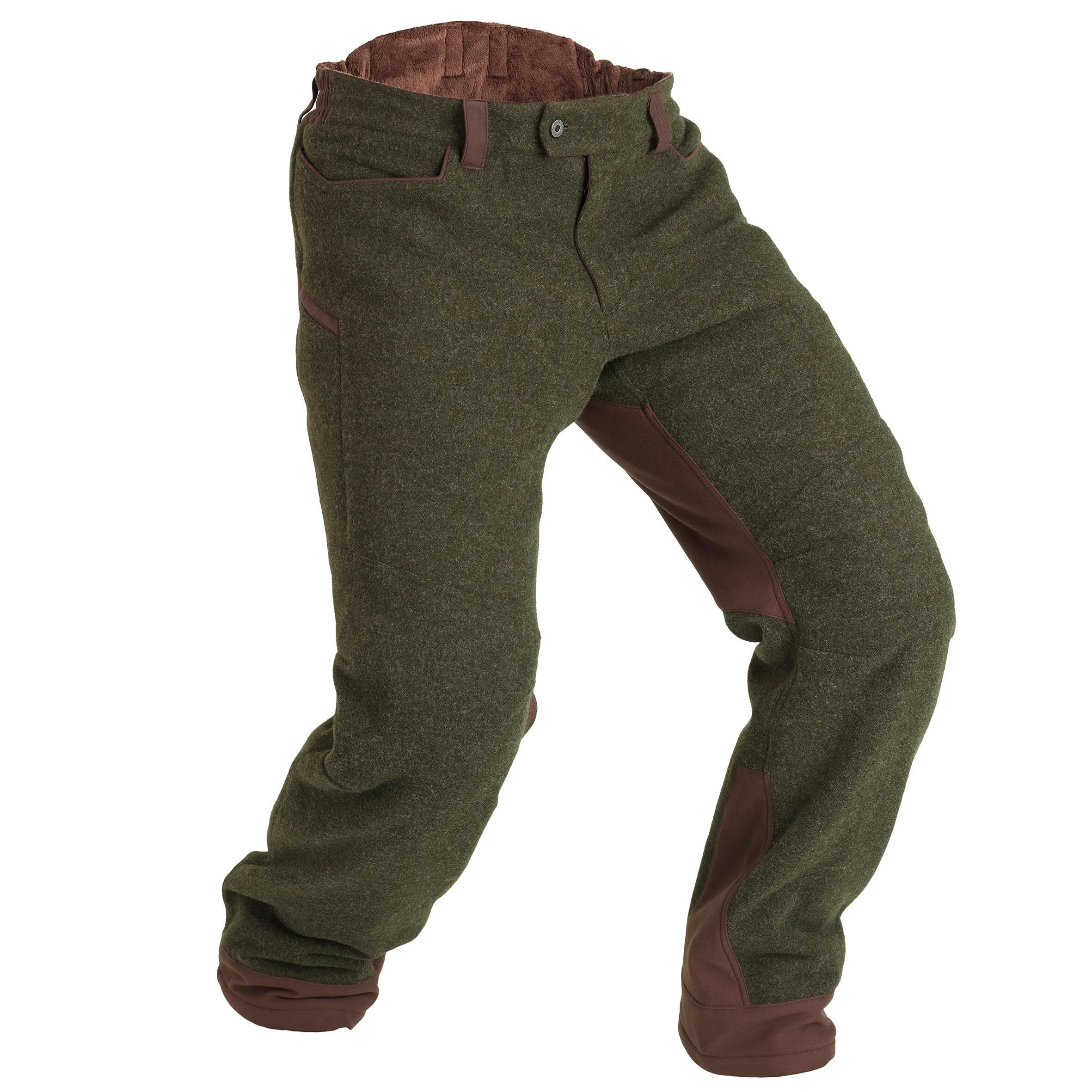 Hunting pants 900 warm wool low noise green SOLOGNAC dark green/coffee brown