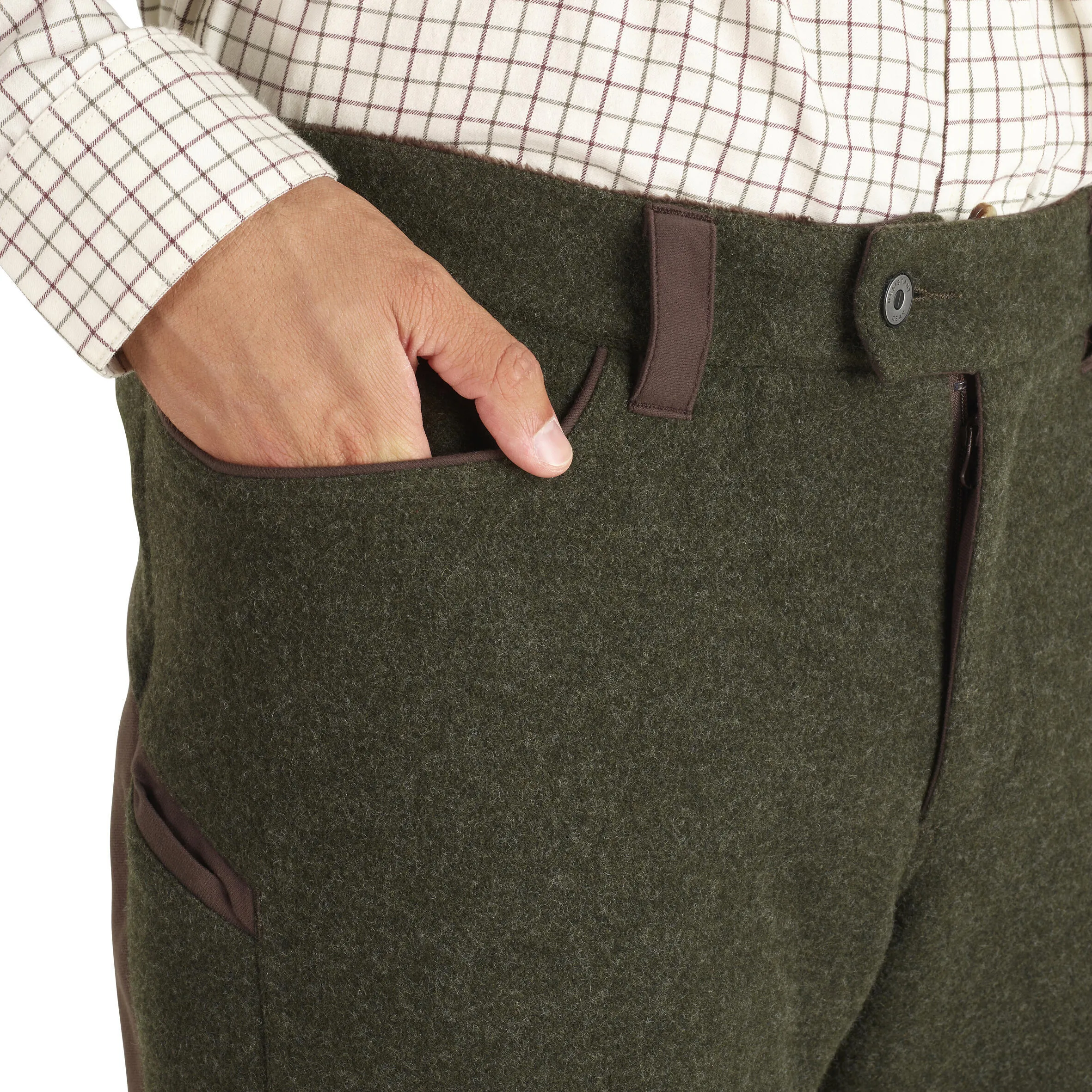 Hunting pants 900 warm wool low noise green SOLOGNAC dark green/coffee brown