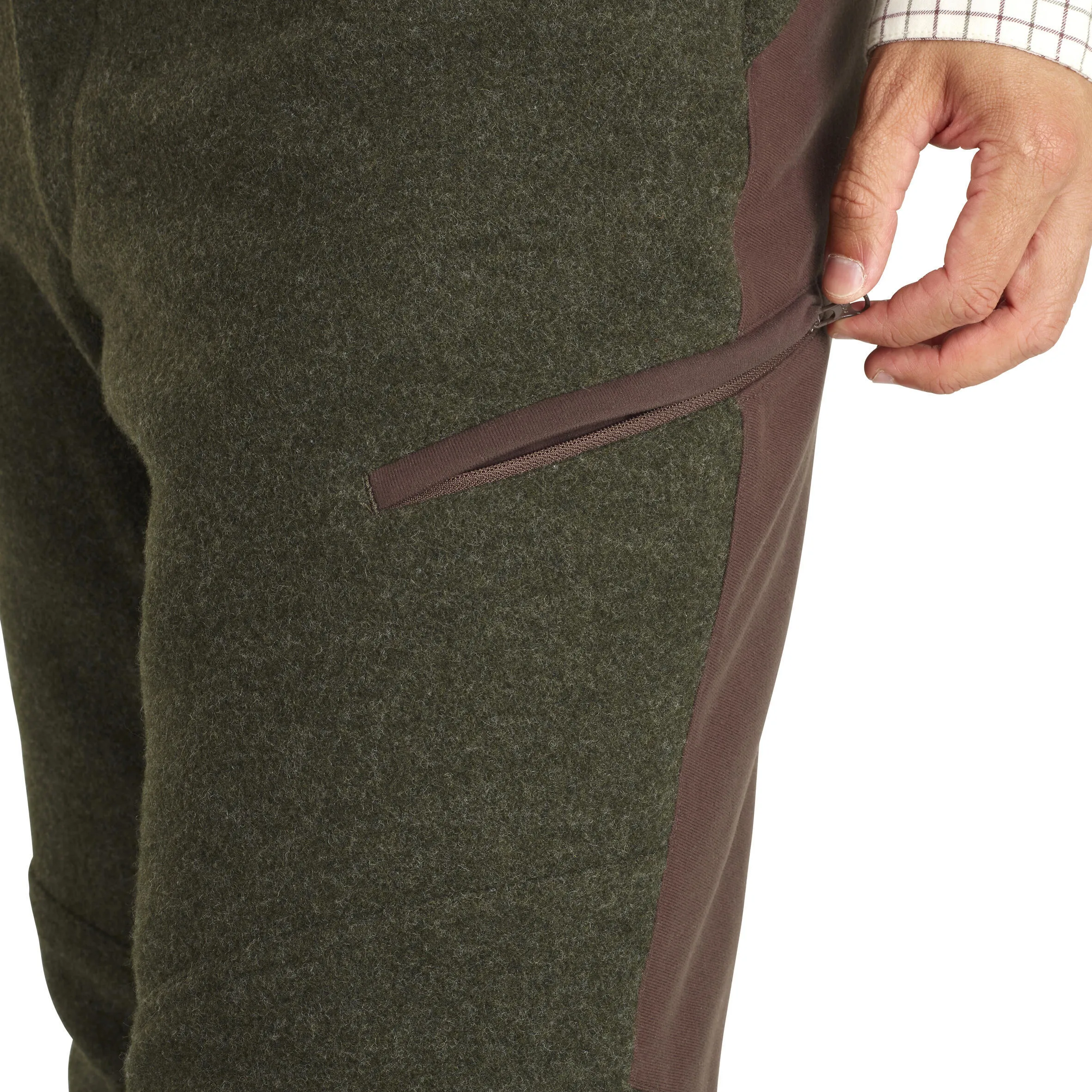 Hunting pants 900 warm wool low noise green SOLOGNAC dark green/coffee brown