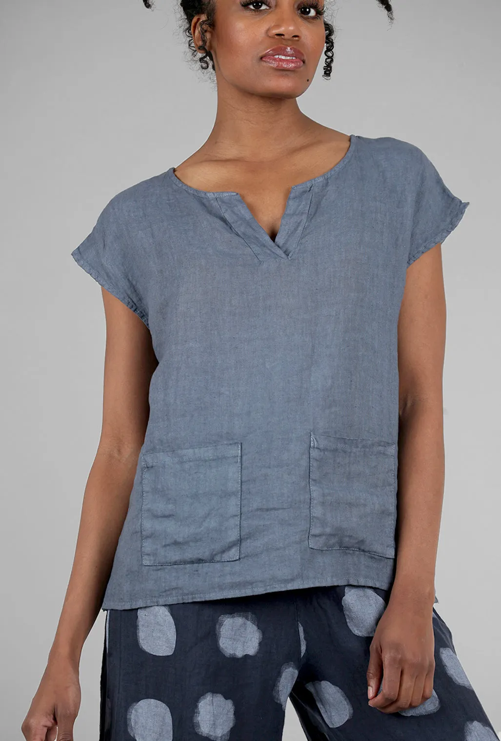 Linen Mao-Collar Top, Indigo