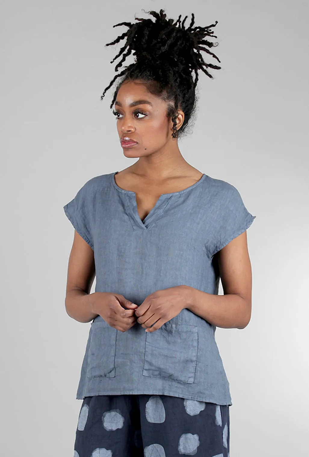 Linen Mao-Collar Top, Indigo