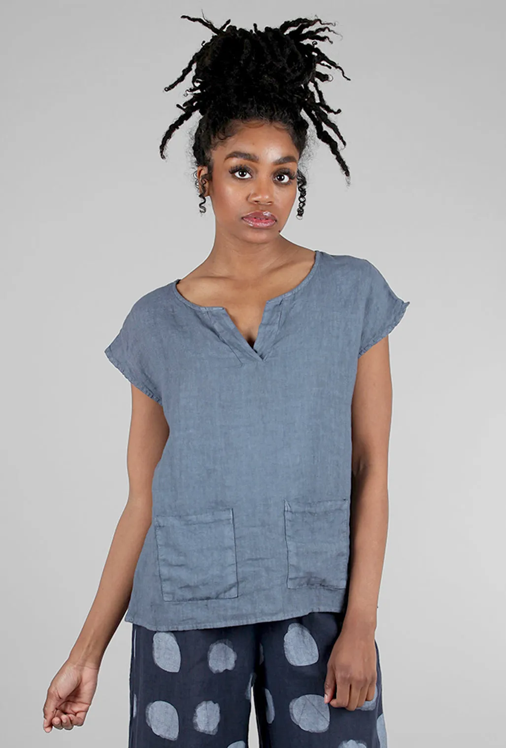 Linen Mao-Collar Top, Indigo