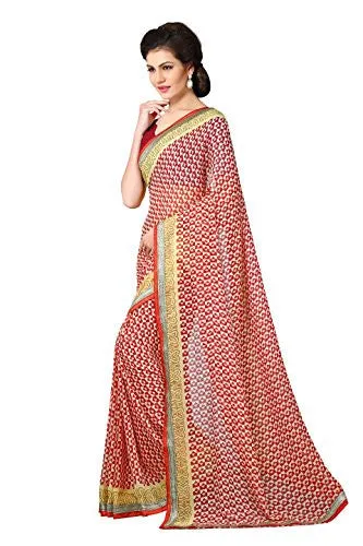 Livie Women's Chiffon Sarees Party Wear/Fancy Chiffon Sarees/Printed Chiffon Sarees - Eggshell Cream &amp; Scarlet Red