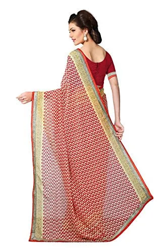 Livie Women's Chiffon Sarees Party Wear/Fancy Chiffon Sarees/Printed Chiffon Sarees - Eggshell Cream &amp; Scarlet Red