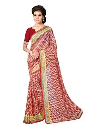 Livie Women's Chiffon Sarees Party Wear/Fancy Chiffon Sarees/Printed Chiffon Sarees - Eggshell Cream &amp; Scarlet Red