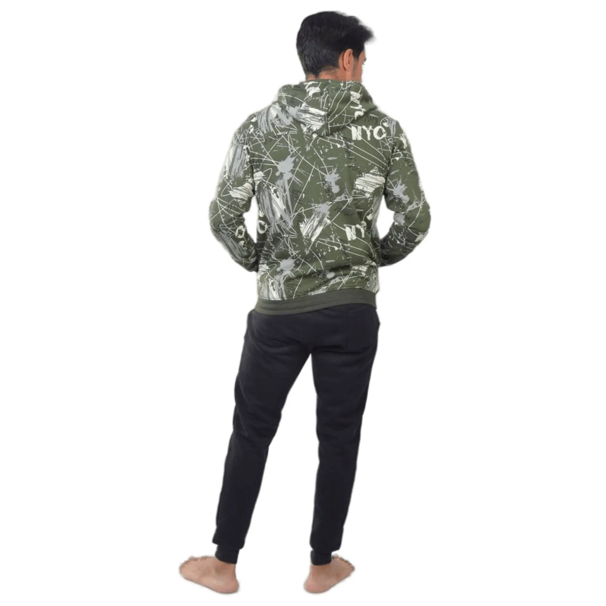 Men's Digital Printed Winter Pajama Set - Green Hoodie and Grey Sweatpants