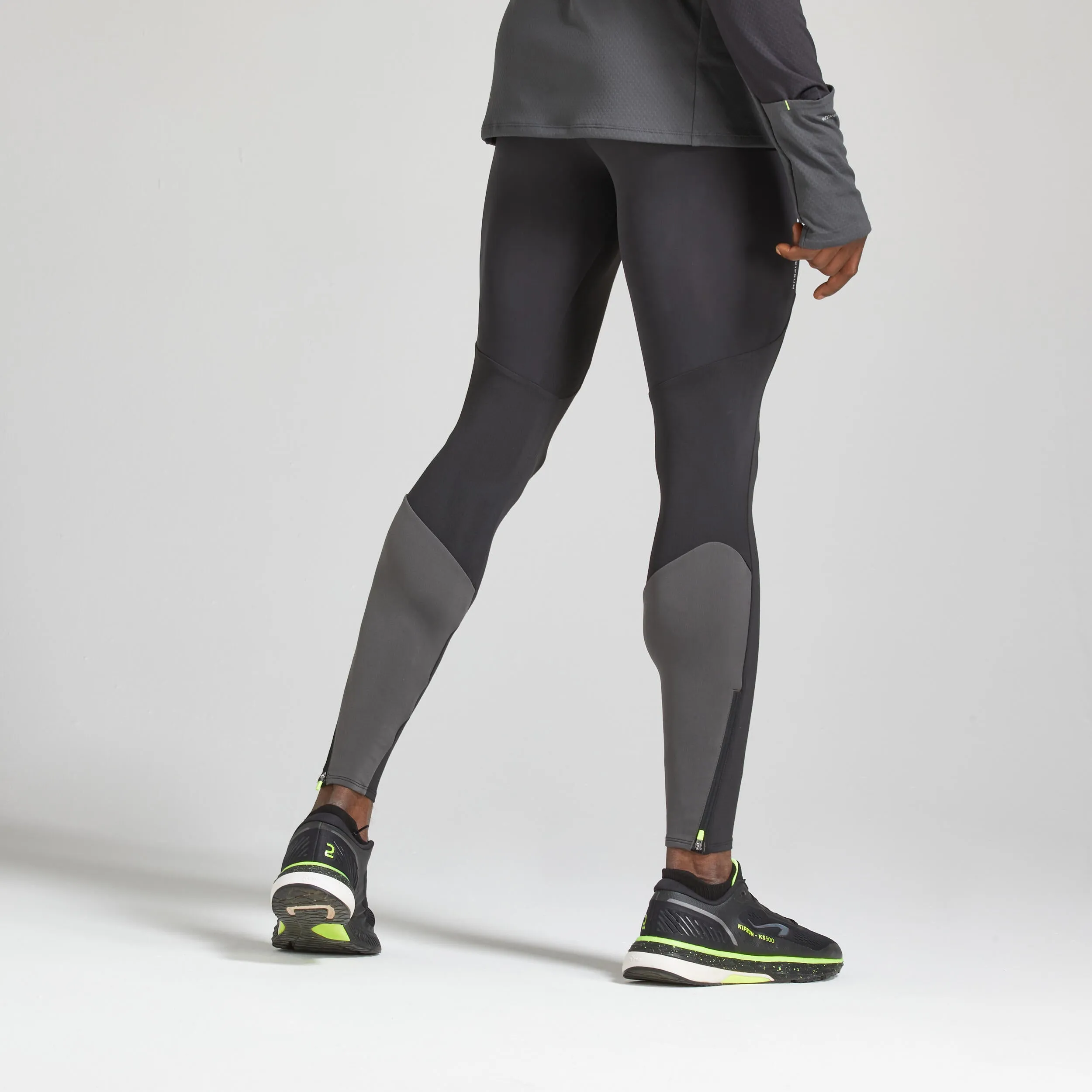 Men's Kiprun Warm long running pants black/gray black/charcoal/neon lime yellow