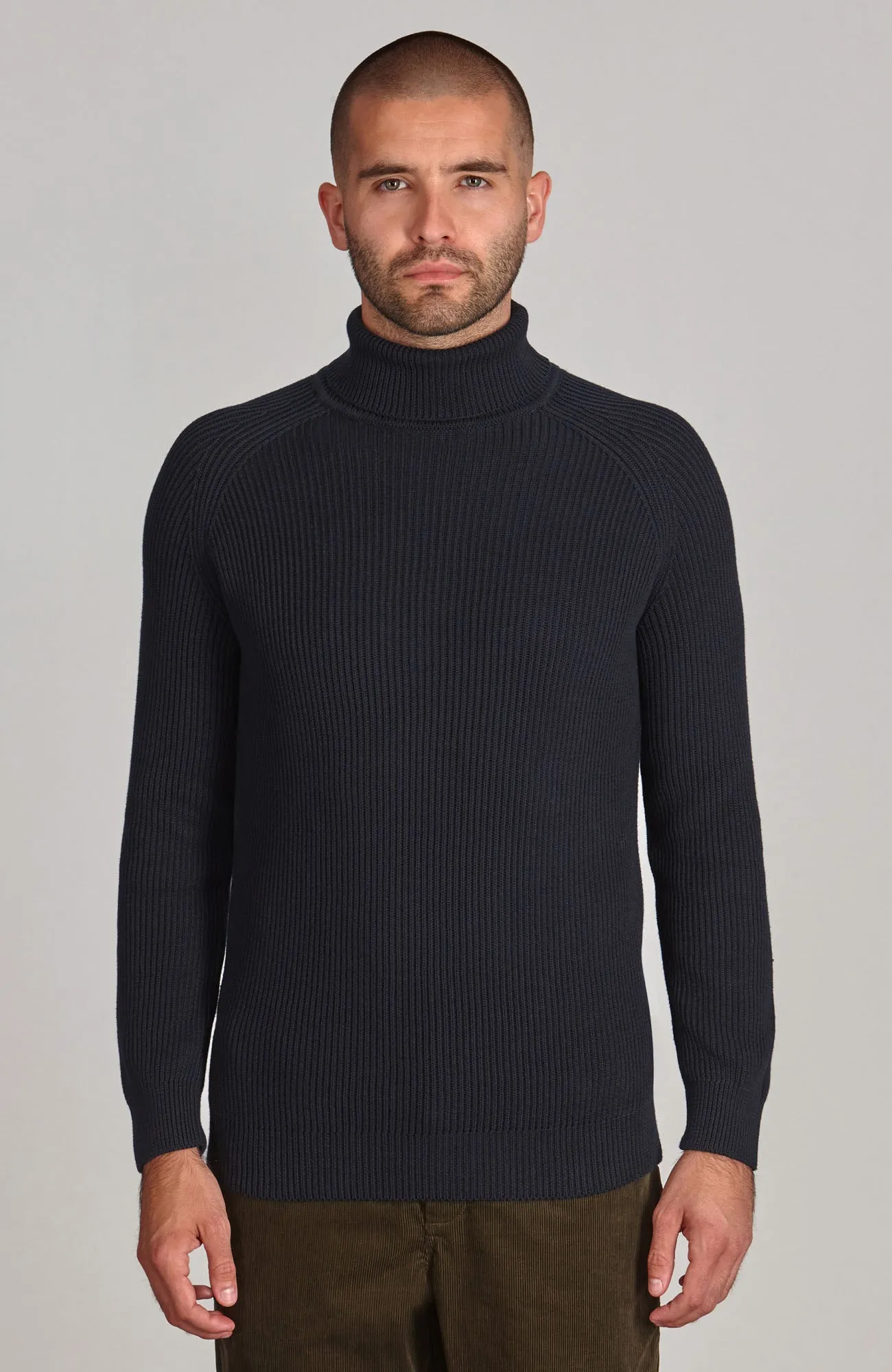 Mens Midweight Cotton Ribbed Roll Neck Jumper