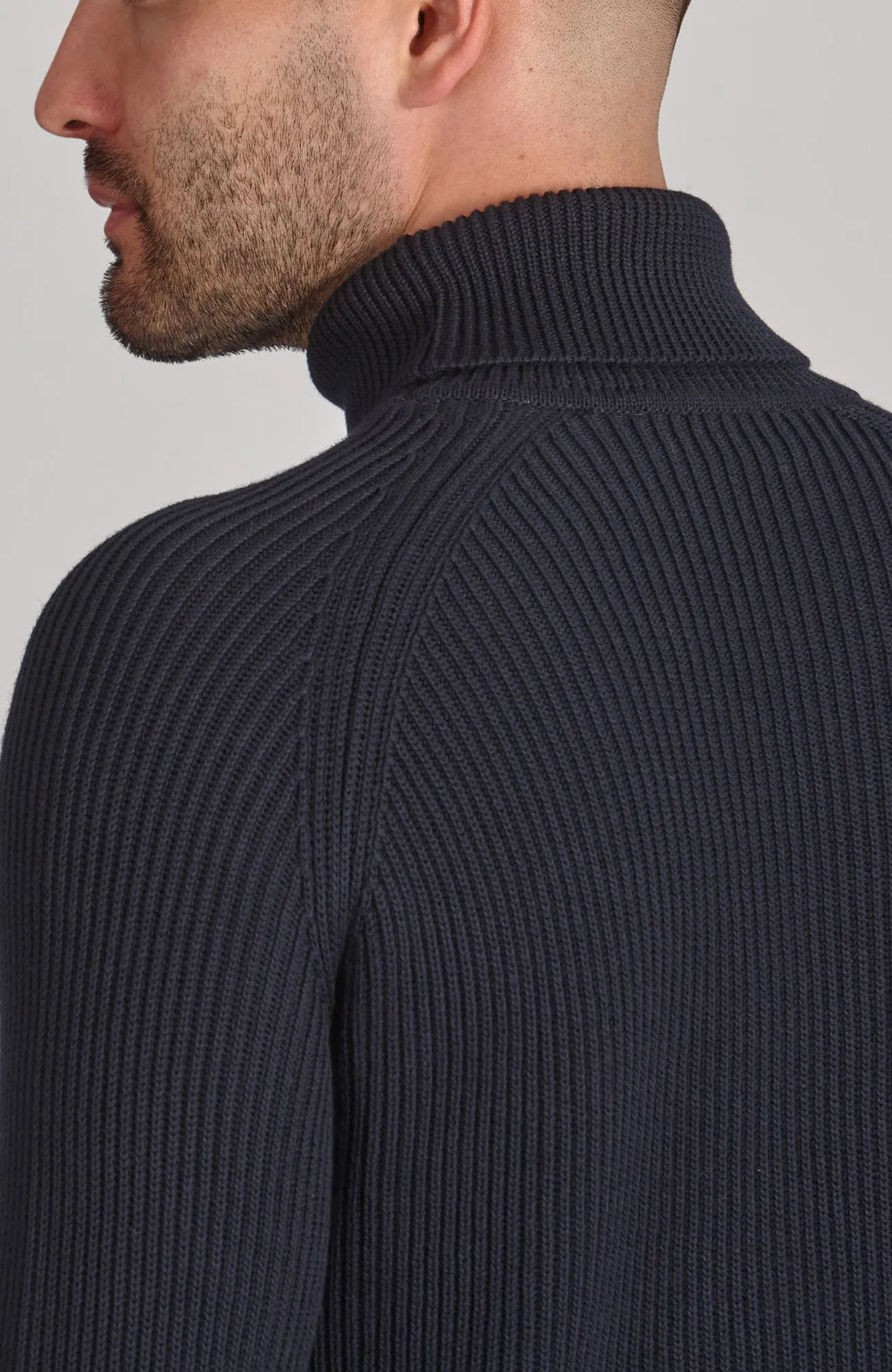 Mens Midweight Cotton Ribbed Roll Neck Jumper