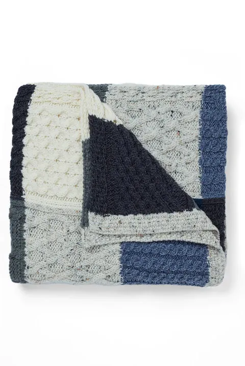 Merino Patchwork Throw - Killala Aran Intarsia - Blue