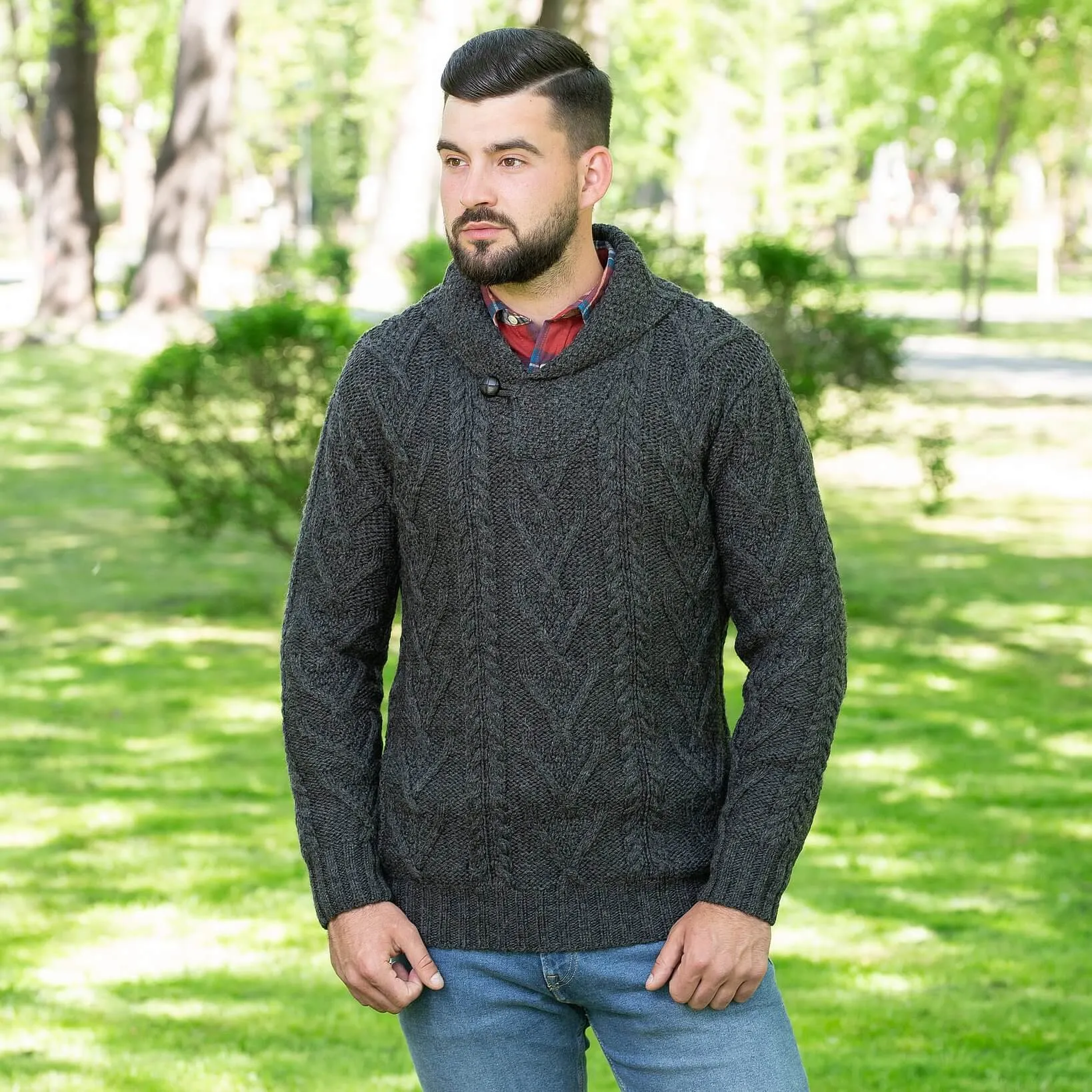 Merino Wool Shawl Neck Button Irish Sweater for Men