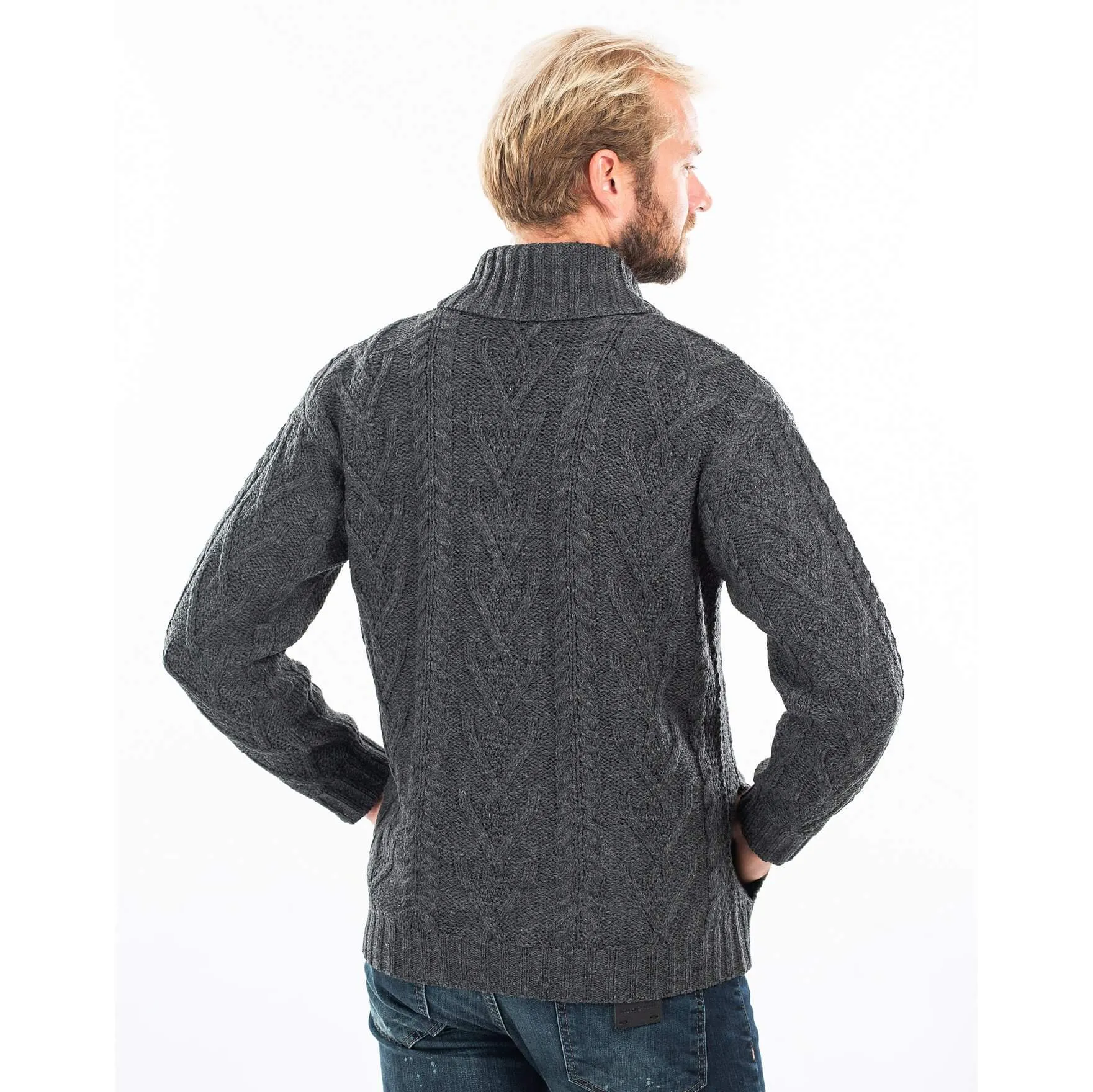 Merino Wool Shawl Neck Button Irish Sweater for Men