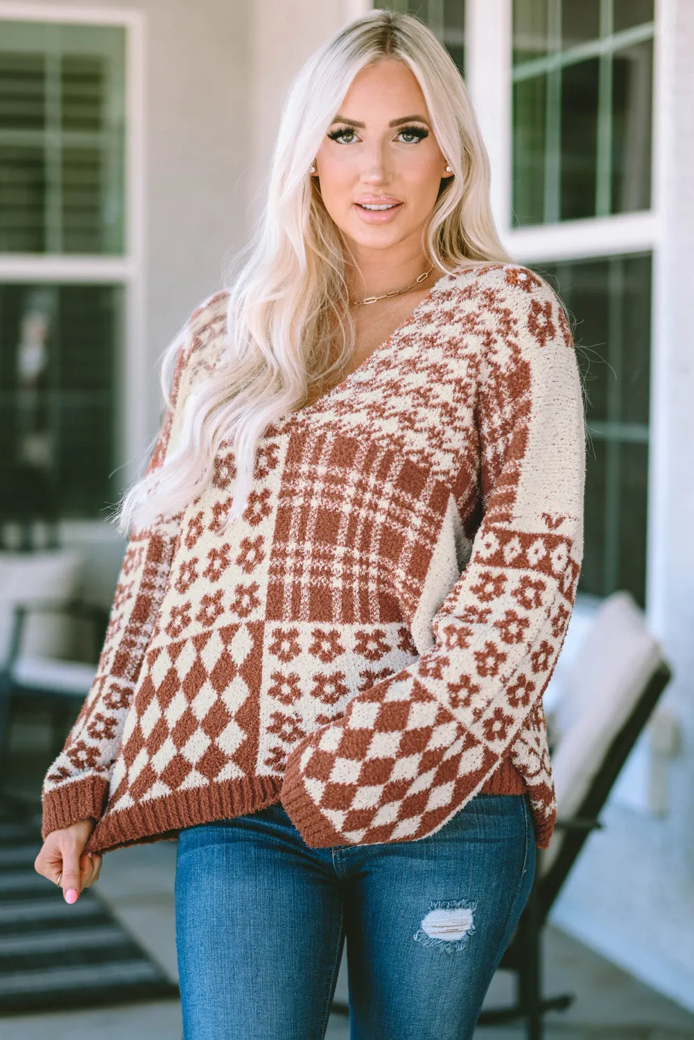 Mixed Pattern V-Neck Oversized Sweater