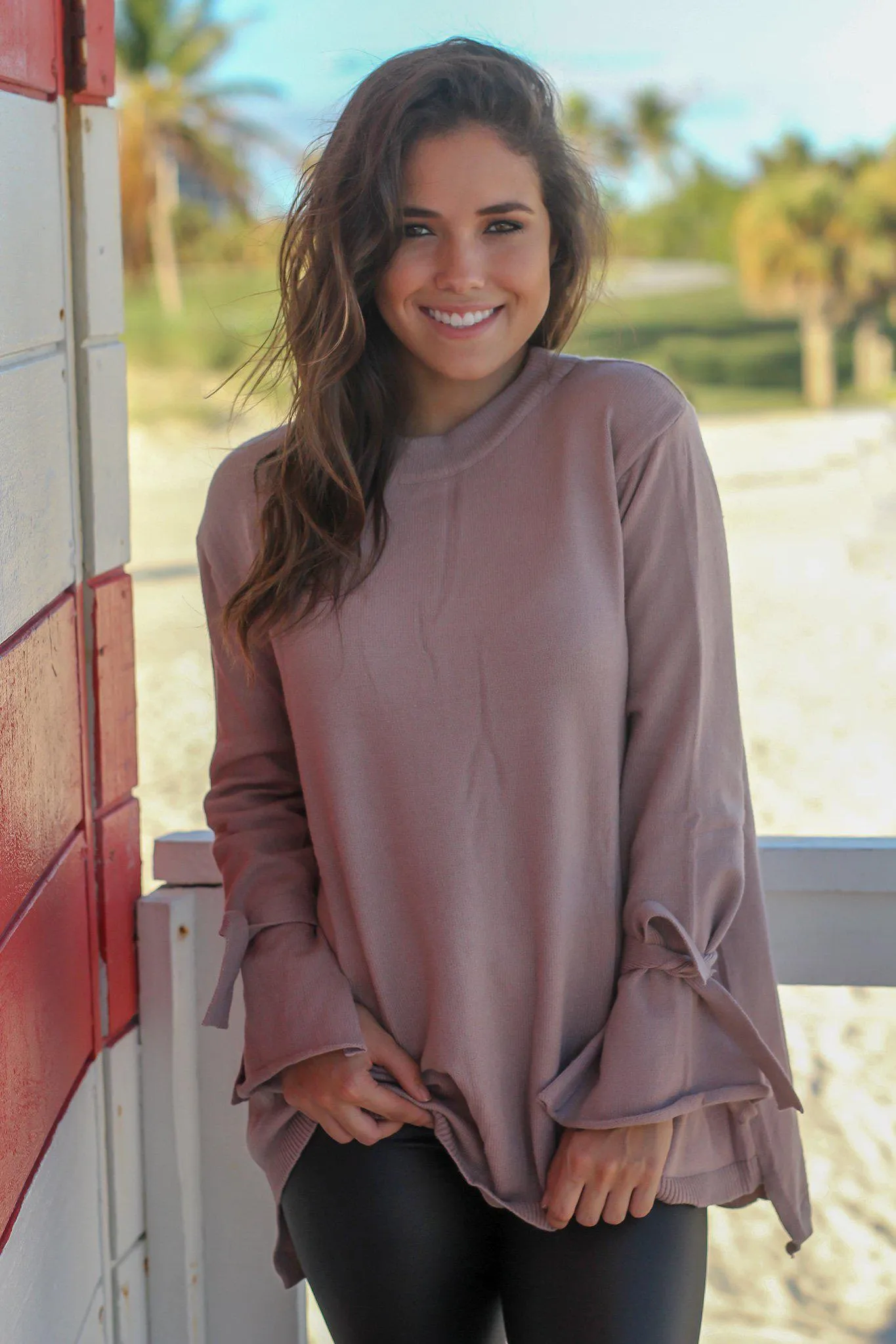 Mocha Knit Sweater with Tie Sleeves