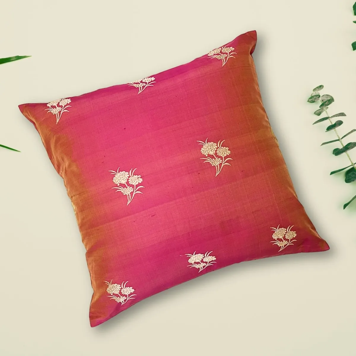 Pink Banarsi Silk Cushion Covers In A Set Of 1/2 | 18" x 18" |Handmade In India