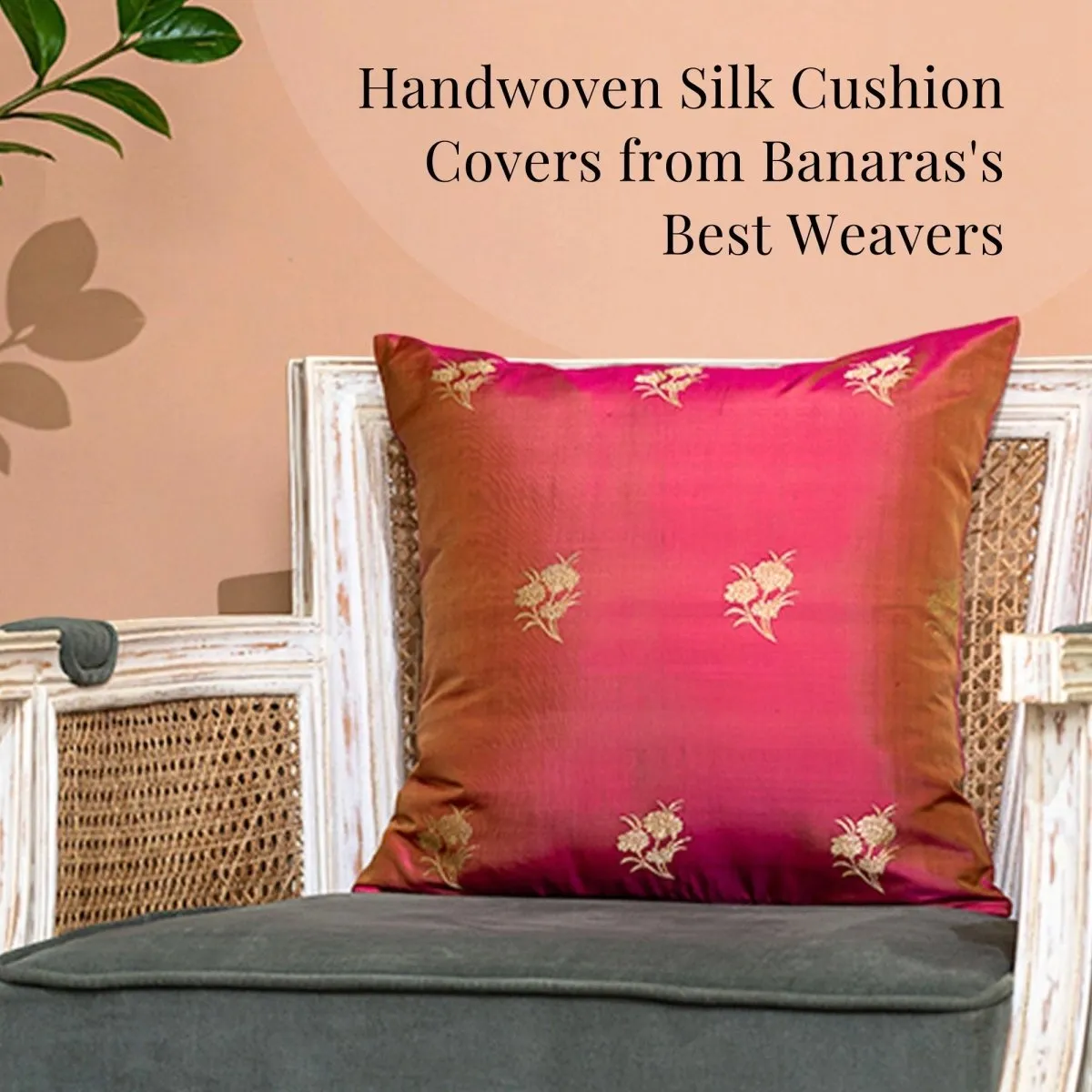 Pink Banarsi Silk Cushion Covers In A Set Of 1/2 | 18" x 18" |Handmade In India