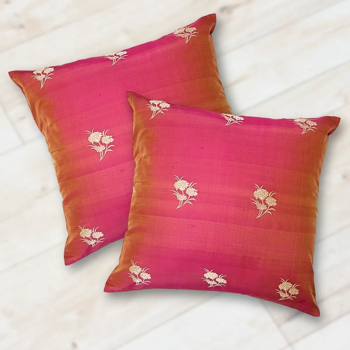 Pink Banarsi Silk Cushion Covers In A Set Of 1/2 | 18" x 18" |Handmade In India