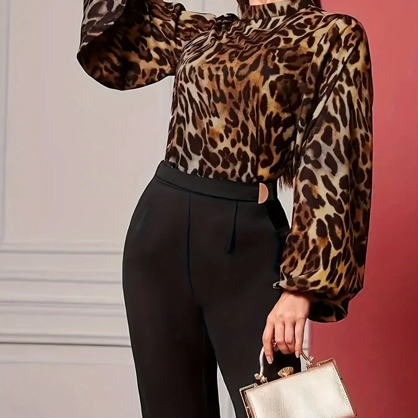 Plus Size Elegant Leopard Print Blouse - Crew Neck, Woven Polyester, Non-Stretch, Random Printed, Oversized Shirting for Spring/Summer/Fall - Keyhole Back, Mock Neck, Lantern Sleeve Shirt Top